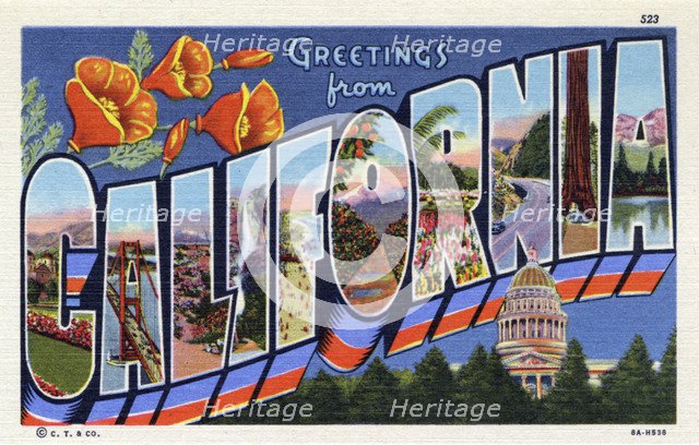 'Greetings from California', postcard, 1938. Artist: Unknown