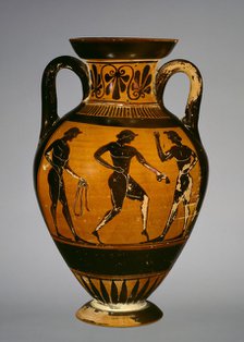 Panathenaic amphora with armed Athena (A) and three athletes (B), early 5th century BC,. Artist: Painter of Oxford 218.