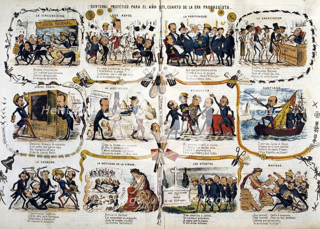 Reign of Amadeo of Savoy, cartoon about the future year 1871, published in the journal 'La Flaca'…