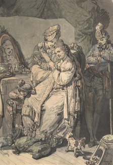 A Woman at her Toilet with a Maid, a Boy, a Dog and a Young Soldier; verso: A Sketch..., 1770. Creator: Johann Eleazar Schenau.