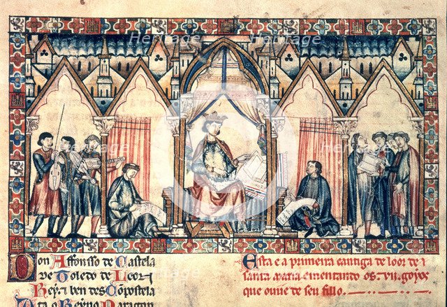 Alfonso X 'The Sage' (1221-1284), king of Castile and Leon,miniada page of his work 'The Cantigas…