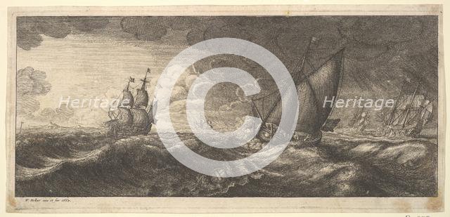 A yacht and three warships in a storm, 1665. Creator: Wenceslaus Hollar.