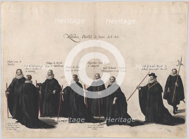 Plate 53: Eight figures marching in the funeral procession of Archduke Albert of Austria; ..., 1623. Creator: Cornelis Galle I.