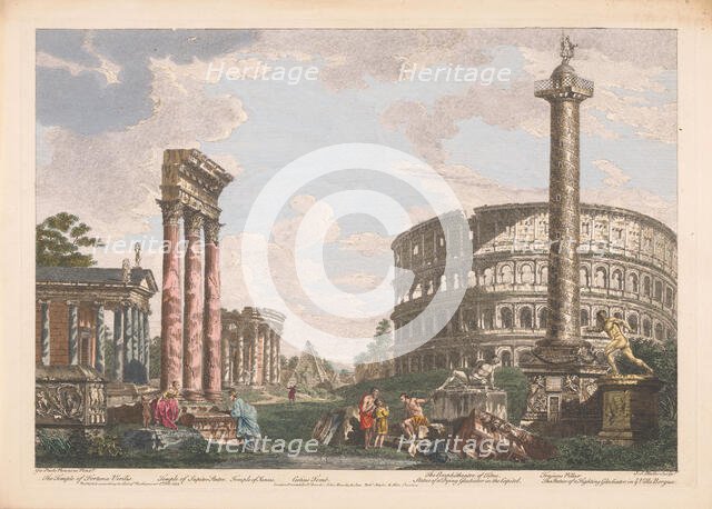 View of the ruins of the temple of Jupiter Stator, the amphitheater of Statilius Taurus..., 1753. Creator: John Miller.
