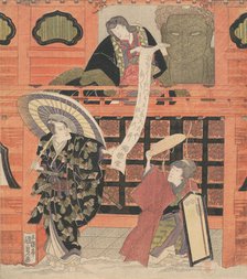 Ichikawa Danjuro VII as Konoshita Tokichi, Nakamura Daikichi as His Wife, and Iwai Han..., ca. 1819. Creator: Utagawa Kunisada.
