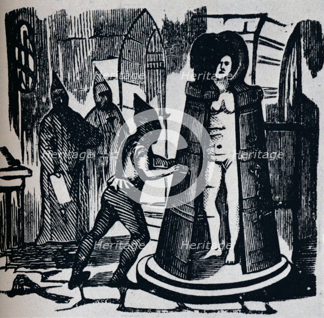 'Woodcut showing Geuder's 'Iron Maiden' in a torture chamber Setting', c1870. Artist: Unknown.
