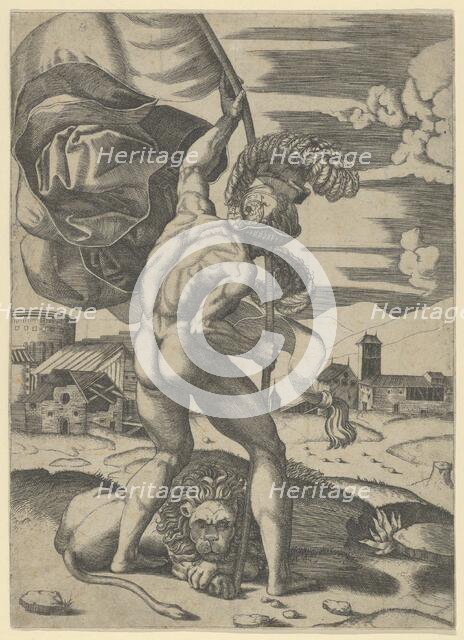 Naked man wearing an elaborate helmet viewed from behind holding a banner, a lion..., ca. 1500-1534. Creator: Marcantonio Raimondi.