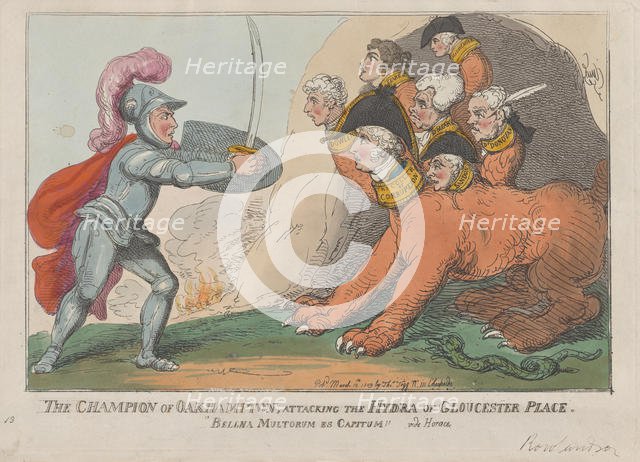 The Champion of Oakhampton, Attacking the Hydra of Gloucester Place, March 15, 1809., March 15, 1809 Creator: Thomas Rowlandson.