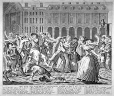 'He and his drunken companions raise a riot in Covent Garden', 1735.                  Artist: Anon