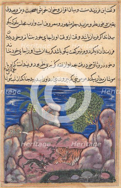 Page from Tales of a Parrot (Tuti-nama): Fifteenth night: The cat attacks the mice..., 1558-1560. Creator: Unknown.
