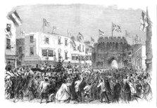 Garibaldi in England: arrival of Garibaldi at the townhall, Bargate, Southampton, 1864. Creator: Unknown.