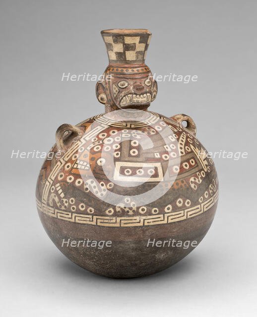 Bottle with a Masked Figure and Abstract Feline and Textile Motifs, A.D. 700/900. Creator: Unknown.