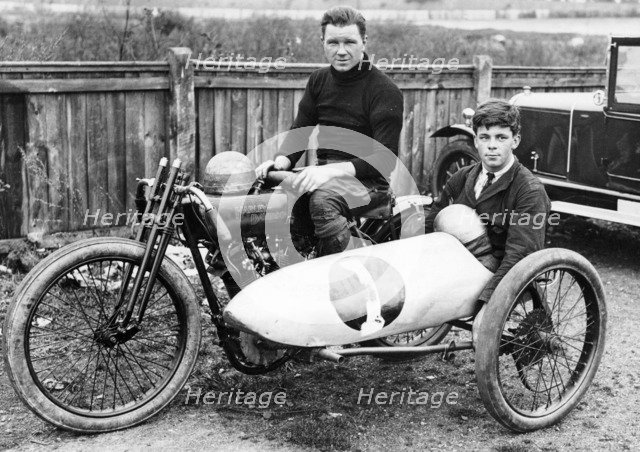 FW Dixon on a Harley-Davidson, with a passenger in the sidecar, 1921. Artist: Unknown