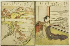 Pages from Vol. 1 and 2 of "Picture Book of Spring Brocades (Ehon haru no nishiki)", 1771. Creator: Suzuki Harunobu.