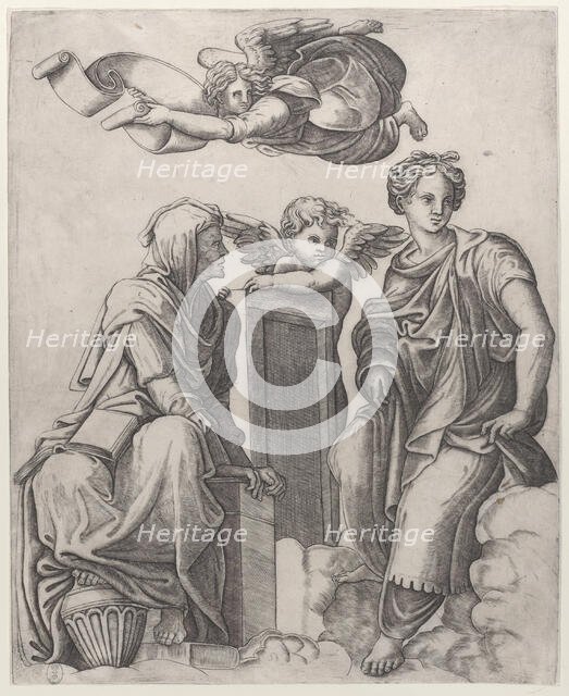 Two female figures seated in the clouds flanking an angel and another flying above ..., ca. 1510-25. Creator: Giovanni Antonio da Brescia.