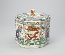 Covered Hexagonal Lobed Jar with Dragons Chasing a..., Ming dynasty, Wanli reign, (1573-1620). Creator: Unknown.
