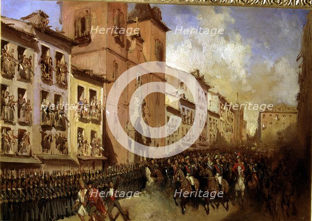  'Walk of the Dukes of Montpensier by Montera street of Madrid' oil on canvas by Pharamond Blanch…