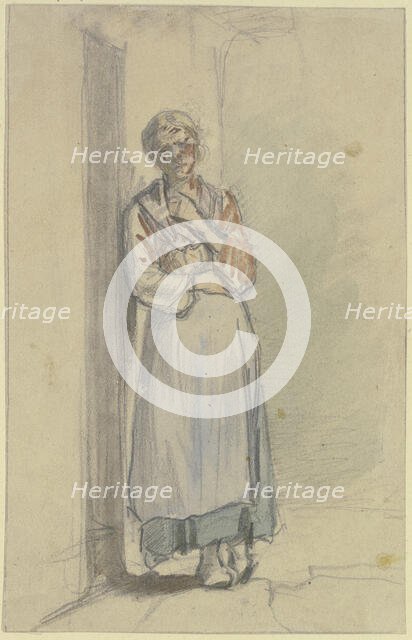 A woman stands with her right shoulder against the front door, her left hand reaching..., c1840s. Creator: Jakob Dielmann.