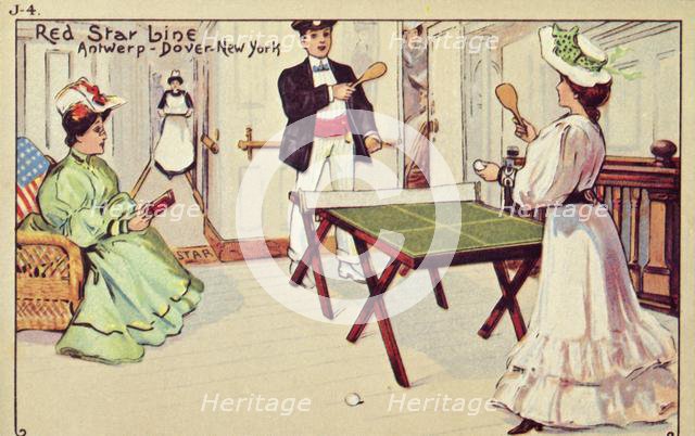 Table tennis on board a Red Star Line passenger ship, 1907. Creator: Unknown.