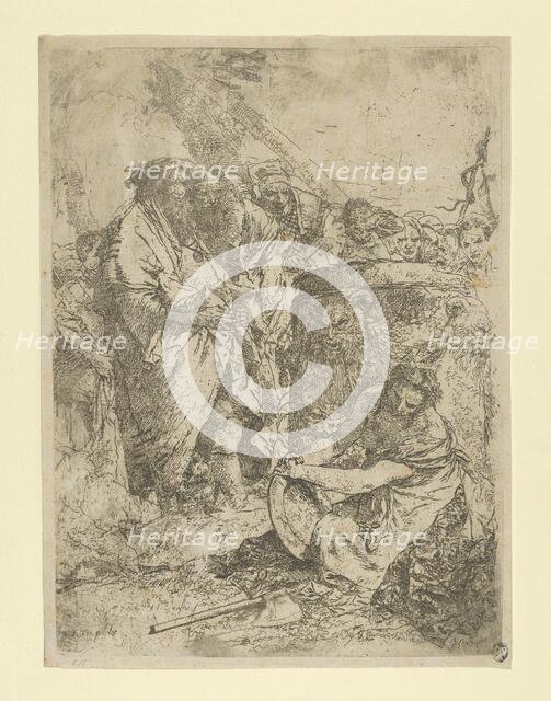 Woman kneeling in front of Magicians and other Figures, from the Scherzi, ca. 1740. Creator: Giovanni Battista Tiepolo.