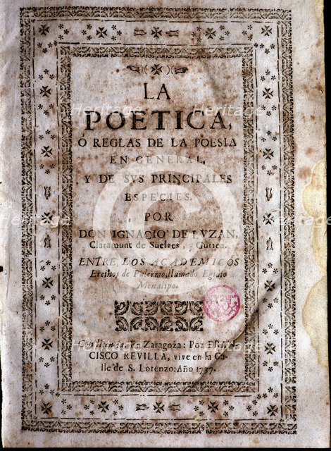 Cover of the first edition of 'La poética' (The Poetics) by Ignacio de Luzán, printed in Zaragoza…