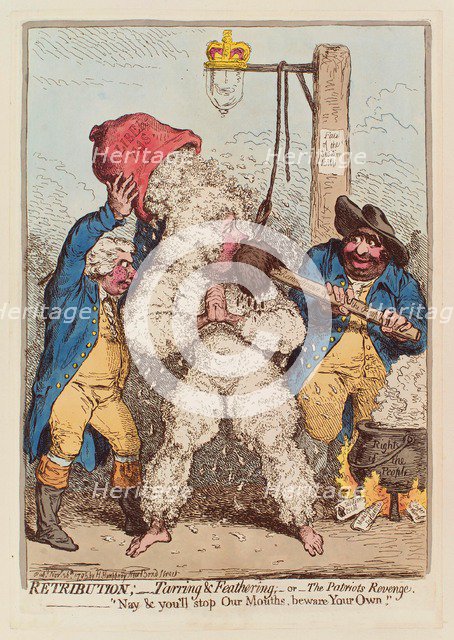 Retribution: Tarring and Feathering, or The Patriot's Revenge, pub. 1795 (hand coloured engraving). Creator: James Gillray (1757 - 1815).