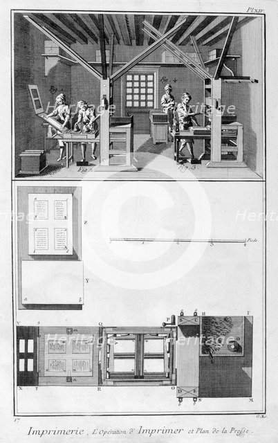 Interior of a Printing Works and Plan of a Press, 1751-1777. Artist: Unknown