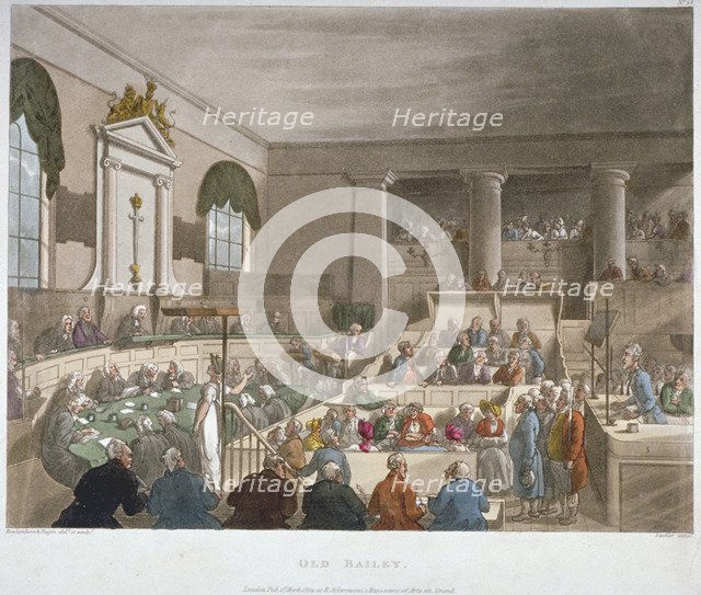 Interior view of the Sessions House, Old Bailey, with a court in session, City of London, 1809. Artist: Augustus Charles Pugin