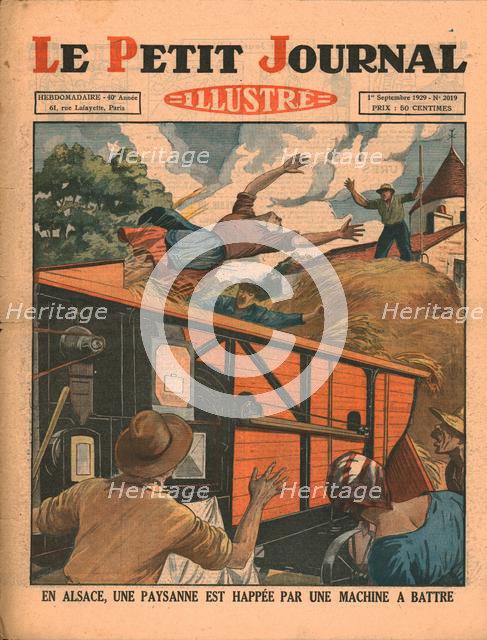 In Alsace, a peasant woman is caught in a threshing machine, 1929. Creator: Unknown.