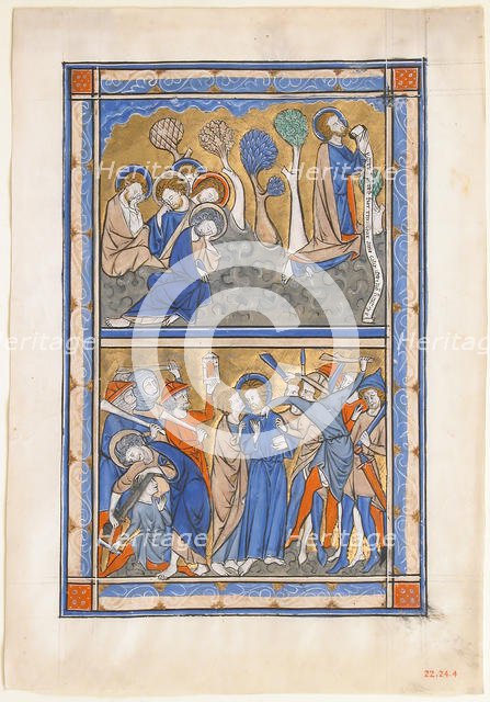 Manuscript Leaf with the Agony in the Garden and Betrayal of Christ, from a Royal Psalter, ca. 1270. Creator: Unknown.