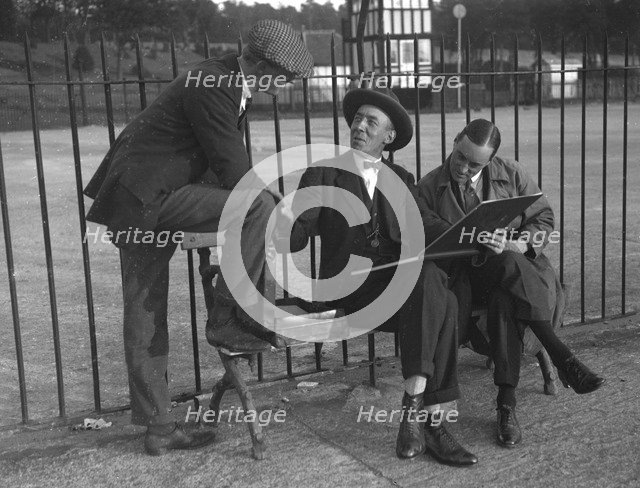 Henry Segrave, and Malcolm Campbell, with motoring artist Frederick Gordon Crosby, Brooklands. Artist: Bill Brunell.