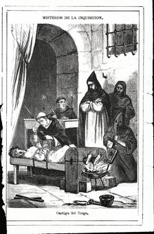 Dungeons of the Inquisition, scene of confession by torture of fire in the feet, engraving, 1880.