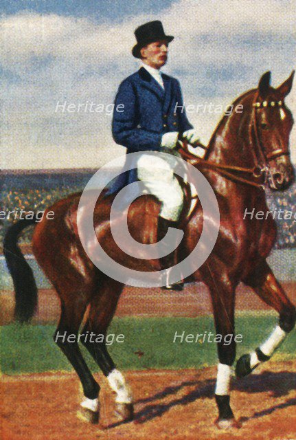 Carl von Langen of Germany on his horse Draufgänger, 1928.  Creator: Unknown.