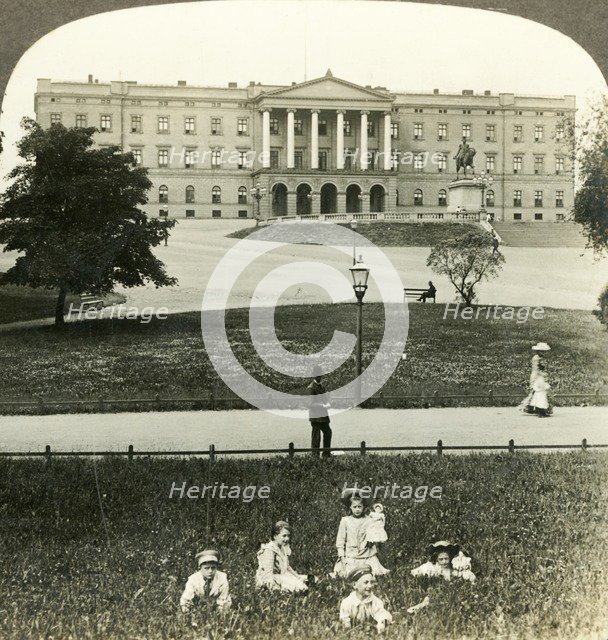 'The Royal Palace (S.E. facade) and statue of King Charles XIV. (Bernadotte) Christiania, Norway', c Creator: Unknown.