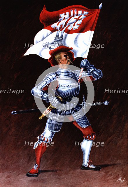Flag bearer from the canton of Unterwald, c. 1510. Color engraving from 1943, published by Editio…