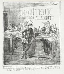 L'Administration du Moniteur, créant un dortoir pour les membres du corps législatif..., 1867. Creator: Cham.