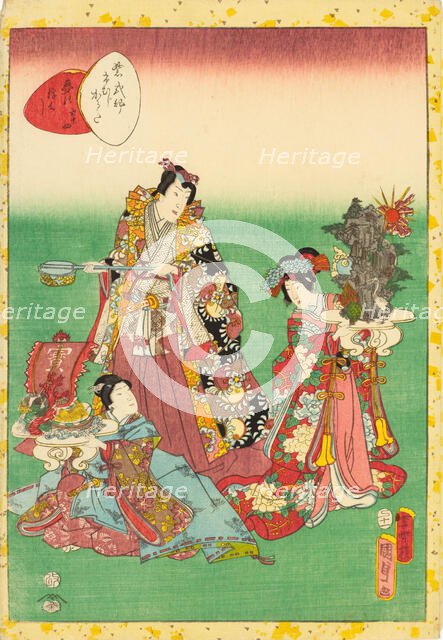 No. 54, Yume no ukihashi, from the series Lady Murasaki's Genji Cards (Murasaki..., 1857. Creator: Kunisada II (Kunimasa III, Toyokuni IV), Utagawa (1823-1880).