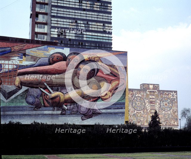 Mural of David Alfaro Siqueiros on the façade of the building of the rectory of the university ca…