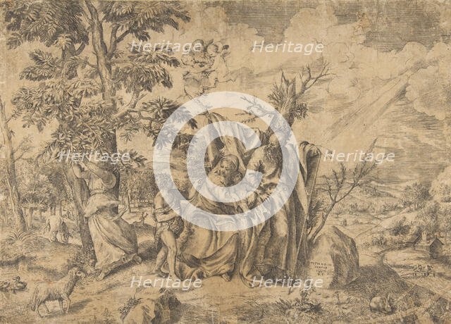 The Rest on the Flight into Egypt, Joseph at right, the Virgin holds the Christ Child i..., 1531-76. Creator: Giulio Bonasone.