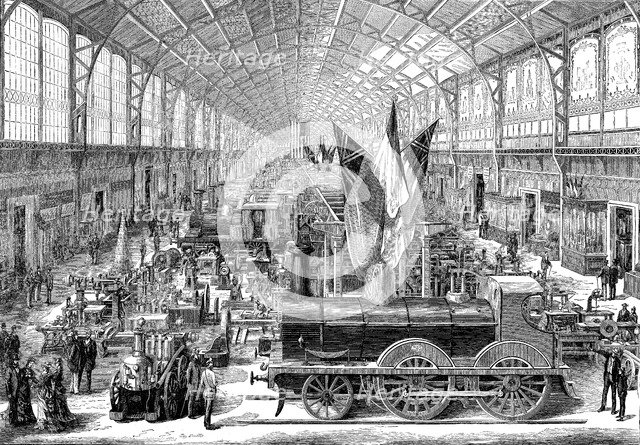 Paris Universal Exhibition in 1878, railway machinery room of English manufacture, Hall of the Ca…