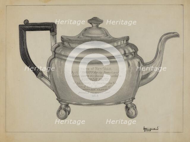 Silver Teapot, 1935/1942. Creator: Michael Fenga.