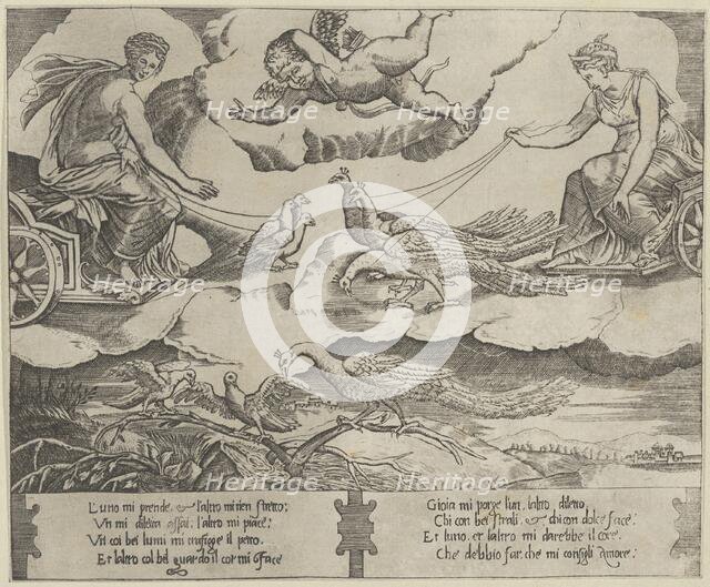 Allegory of Marriage and Love; Juno in a chariot drawn by peacocks at right,Venus, ca. 1540-60. Creator: Anon.