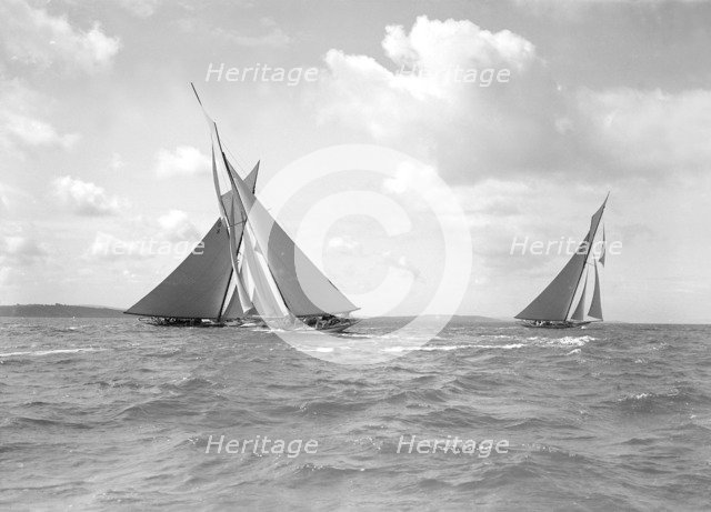 The 15 Metre 'Hispania', 'Paula II' & 'Mariska' racing at Cowes, 1911. Creator: Kirk & Sons of Cowes.