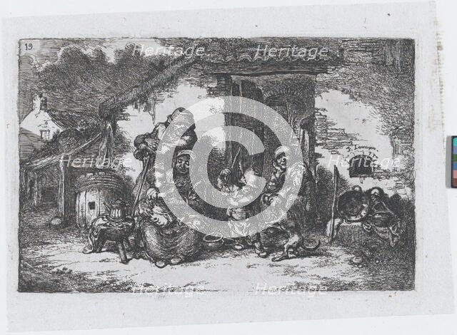 Plate 19: a family and a boy playing with a dog outside a house, from the series of custom..., 1850. Creator: Francisco Lameyer Berenguer.