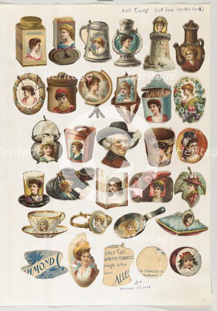 Thirty-one cut-outs from advertising banner for Allen & Ginter Cigarettes, ca. 1888. Creator: Unknown.