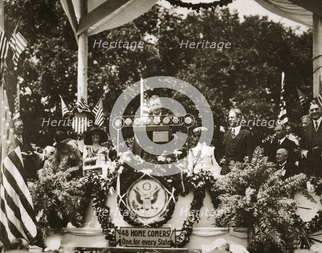 American aviator Charles Lindbergh addressing a crowd at the Washington Monument, USA, c1927. Artist: Unknown