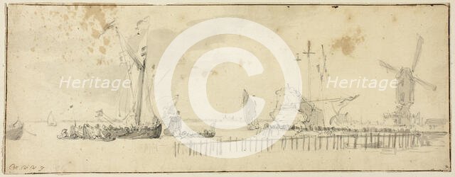 Sailing Ships in Harbor near Windmill, n.d. Creator: Willem van de Velde the Younger.