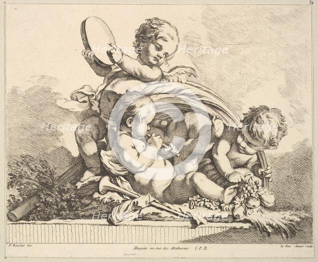 Three Cupids, Two Playing Music, One Holding Palm Leaves. Creator: Louis Felix de la Rue.