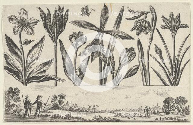 Horizontal Panel with a Row of Flowers Above a Frieze with Figures in a Landscape, from Li..., 1645. Creator: Nicolas Cochin.