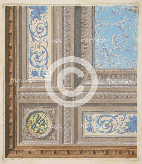 Design for the painted decoration of a coffered ceiling with initials: VR, 1830-97. Creators: Jules-Edmond-Charles Lachaise, Eugène-Pierre Gourdet.
